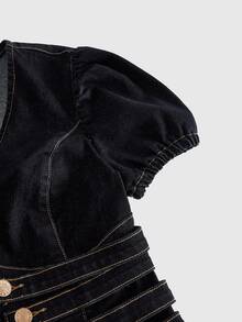 ROMWE Grunge Punk Vintage Button-Down Sweetheart Neck Petal Sleeve Cinched Waist Women's Denim Shirt - Dark Wash - View 4