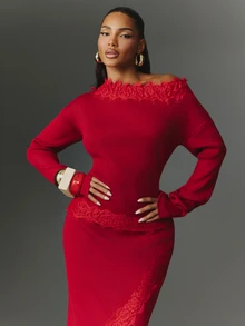 NYA SZN Women's Elegant Asymmetrical Shoulder Lace Patchwork Knit Top - Burgundy - View 6