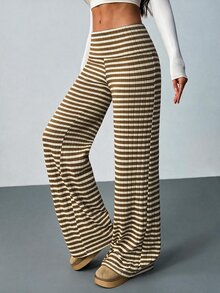 SHEIN Tall 女款摺腰運動休閒條紋喇叭褲 - 彩色 - 查看 3