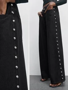 Maija Women's Fashion Side Rivet Decor Wide Leg Jeans - Black - View 1