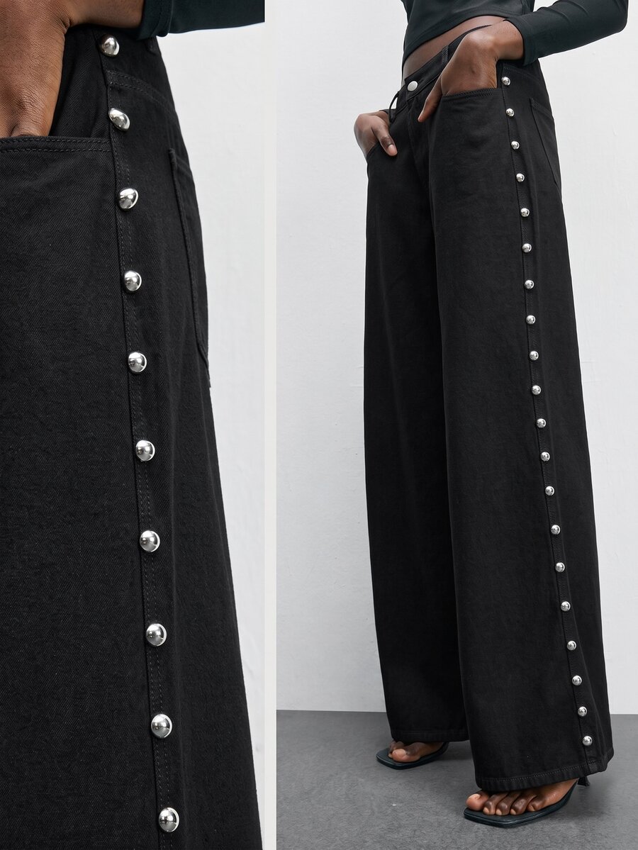 Maija Women's Fashion Side Rivet Decor Wide Leg Jeans - Black - View 1