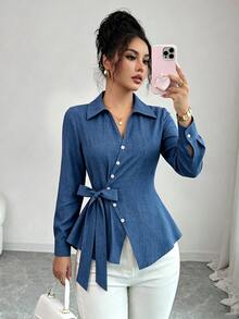 SHEIN Tall Women's Polka Dot Blouse With Lapel Collar, Asymmetric Button Design, Cinched Waist Tie, Flattering Slimming Fit, Asymmetrical Hem, Long Sleeve, Elegant French Casual Style - Dusty Blue - View 2