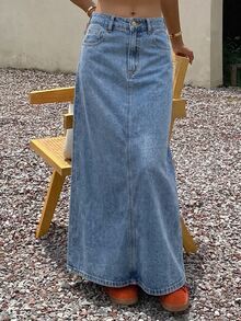 Livesso Autumn High Waist Deep Blue Washed Solid Color A-Line Flared Slim Fit Women's Denim Skirt - Light Wash - View 4