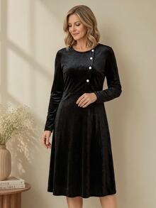 EMERY ROSE Middle-Aged Women Solid Color Round Neck Button Decor Waist-Cinching Slimming Long Sleeve Dress - Black - View 5