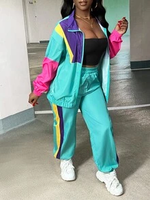 SHEIN CURVE+ Women's 22w Contrast Color Jacket And Jogger Pants 2pcs/Set - Multicolor - View 6