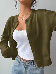 SHEIN Tall CURVE 大尺碼女款純色休閒百搭日常穿搭針織開襟衫 冬季 - 軍綠色 - 查看 1