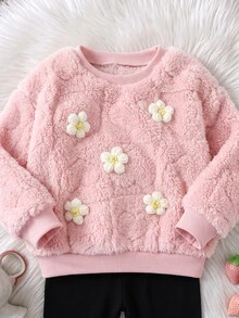 SHEIN Infant Girls Cute Fluffy Pink Floral Sweatshirt & Elastic Waist Long Pants Set - Pink - View 5