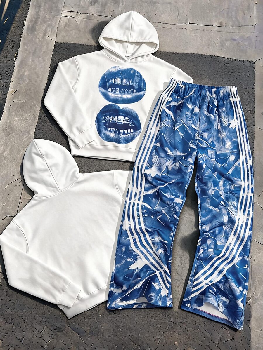SHEIN Teen Boy Lips Print Hoodie & Plants Print Contrast Striped Side Sweatpants Set - Multicolor - View 1