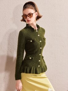Barévion Women's Jacket Slim Waisted Peplum Tweed Texture Metal Buttons Ruffle Neck Elegant Olive Green Solid Fall Clothes For Women Christmas - Green - View 7