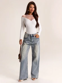 SHEIN BAE Autumn/Winter Solid White Ribbed Knit Long Sleeve Sheer Patchwork Women's Bodysuit - White - View 4
