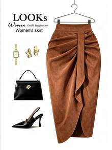 SHEIN Franclia Women's Autumn/Winter Fashion Asymmetrical Hem Pleated Slit Skirt - Rust Brown - View 3