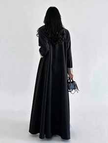 Yasmyna Women Black Grey Contrast Lapel Front Wide Sleeve Open Front Abaya Coat Dubai Middle East Fall Formal Kaftan Robe - Multicolor - View 2