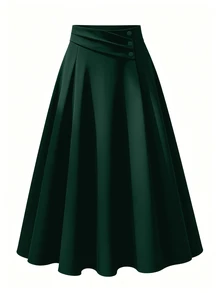 GlowEve CURVE Plus Size Women Solid Color Button Decor Pleated Elegant Skirt - Dark Green - View 5