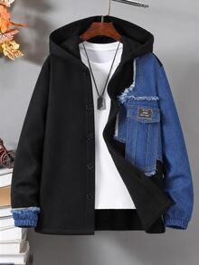SHEIN Boys Basic Casual Corduroy Hooded Fleece Jacket - Black - View 3