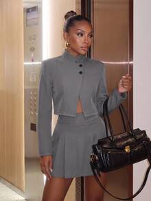 SHEIN SXY Women Fall Business Professional Suit Sets,Pleated Skirt - Light Grey - View 6