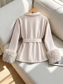 SHEIN Teen Girl Cinched Waist Overcoat, Faux Fur Cuff Design, Soft Pink Short Wool Jacket, Loose Drop Shoulder Fit, Suitable For Fall Senior 2027 Cute - Beige - View 2