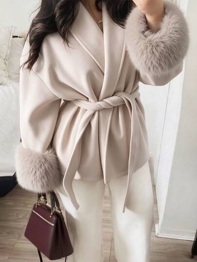 SHEIN Teen Girl Cinched Waist Overcoat, Faux Fur Cuff Design, Soft Light Apricot Short Wool Jacket, Loose Drop Shoulder Fit, Matching Fabric Belt To Shape Waistline, Suitable For Autumn/Winter Daily Wear, Sweet & Cool Vibe Girl Outing Outerwear