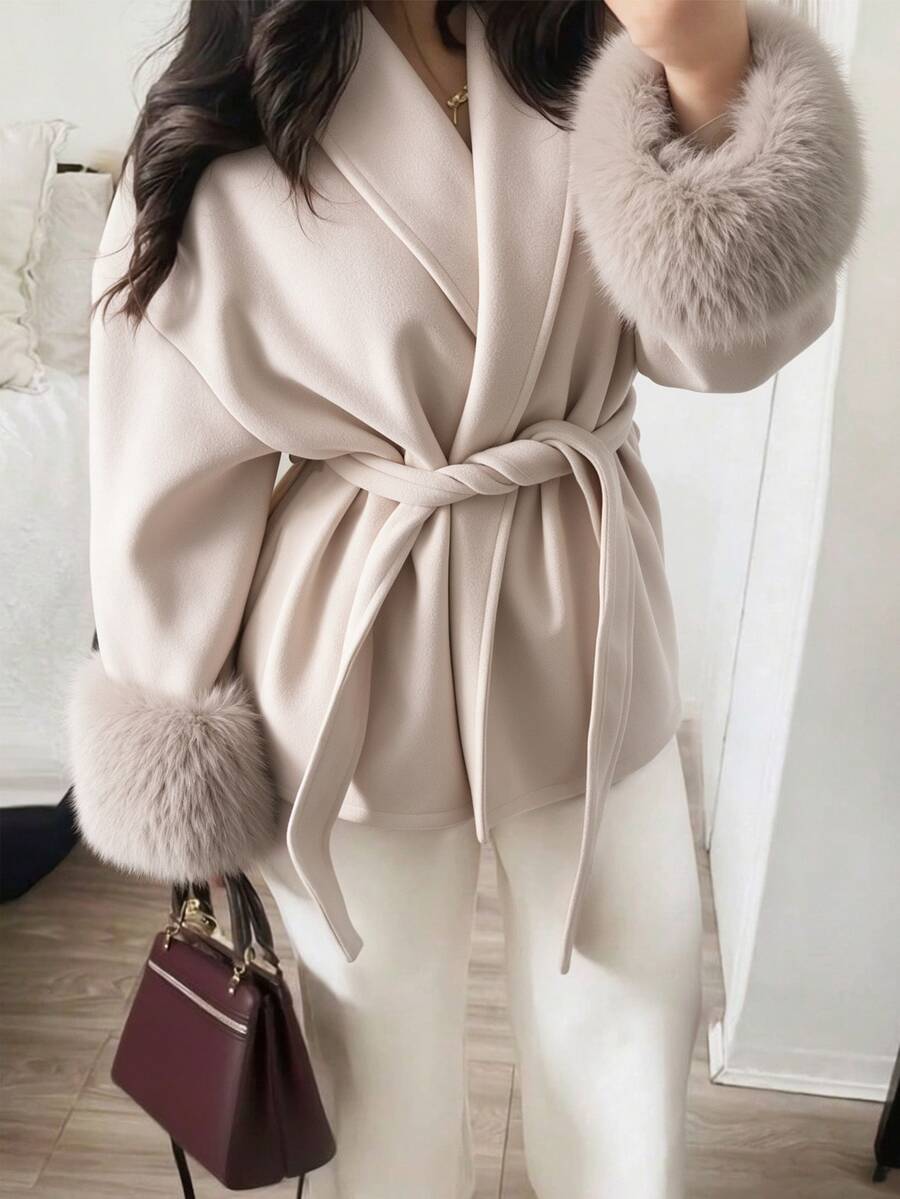 SHEIN Teen Girl Cinched Waist Overcoat, Faux Fur Cuff Design, Soft Pink Short Wool Jacket, Loose Drop Shoulder Fit, Suitable For Fall Senior 2027 Cute - Beige - View 1