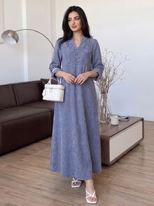 Solavon Women's French Lace Long Sleeve Arabian Dress - Blue - View 4