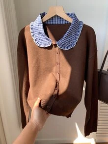 Comfortcana Winter Holiday Cottagecore Knitwear For Cafe Date Night Featuring Blue Plaid Patchwork Contrast And - Brown - View 3