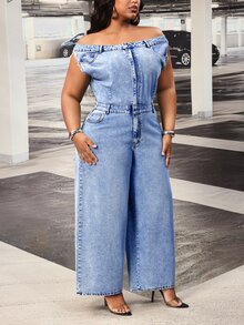 Slaydiva Summer New Off-Shoulder Loose Plus Size Denim Jumpsuit - Blue - View 3