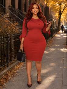 Poshavie Poshavie Plus Size Women's Elegant High-End Minimalist Dress, Stretchy Comfortable Fitted Mid-Length, Commuting, Dating Dinner Office Autumn Thanksgiving Brown - Rust Brown - View 3
