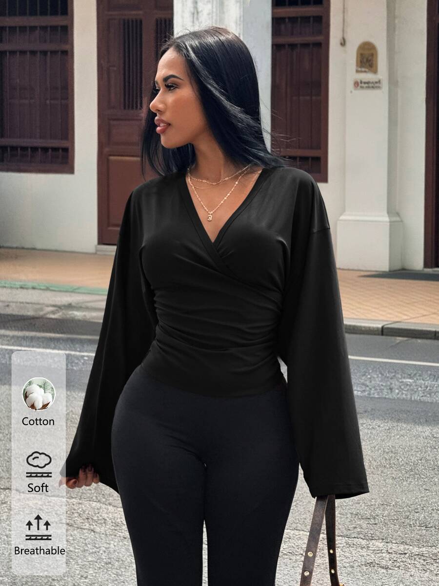 Slaydiva Casual Plus Size V-Neck Black Long Sleeve T-Shirt, Suitable For Autumn, Party, Music Festival, Y2K, Halloween Fall - Black - View 1