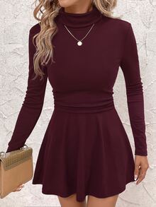 SHEIN Clasi 女款純色休閒極簡風派對迷你洋裝 - 酒紅色 - 查看 5