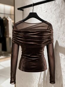 Franclia Plus Size Autumn/Winter New French Minimalist Sexy Vintage Mesh Velvet Ruched Faux Off-Shoulder Long Sleeve T-Shirt - Brown - View 2