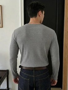 DAZY 男士白色羅紋布料長袖圓領半開襟前扣純色T恤 - 灰色 - 查看 2