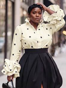 Slaydiva Women Plus Size Polka Dot Shirt With Turn Collar Long Sleeve Multi-Layer Cuff Design Fall - Apricot - View 9
