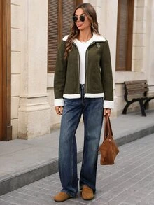 EMERY ROSE Women's Autumn/Winter Plush Patchwork Zipper Metal Button Stand Collar Casual Jacket - Army Green - View 3