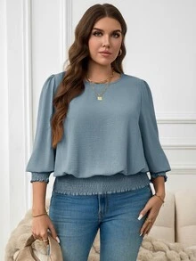 SHEIN LUNE 大尺碼女款圓領中袖花瓣袖純色休閒襯衫 - 藍色 - 查看 4
