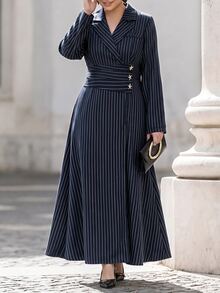 Chikora Plus Size Women's Navy Blue Striped Elegant Dress With Collar And Cinched Waist For Meeting And Commuting - Navy Blue - View 2