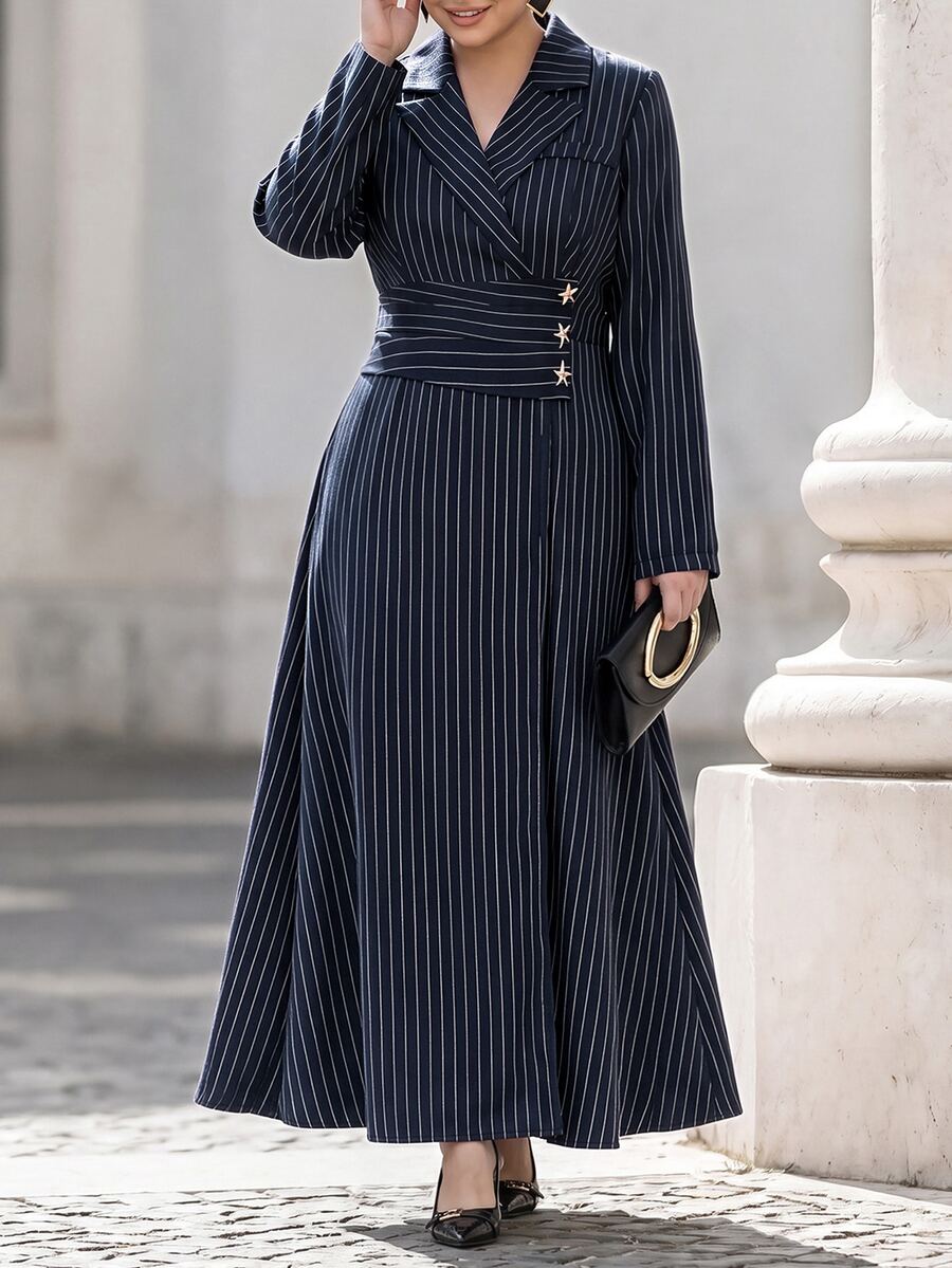 Chikora Plus Size Women's Navy Blue Striped Elegant Dress With Collar And Cinched Waist For Meeting And Commuting