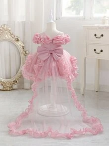 SHEIN Gaun Putri Bayi Balita Bahu Terbuka dengan Ekor Panjang Bahan Mesh - Dusty Pink - View 4
