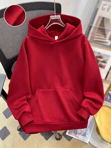 SHEIN 青少年男孩休閒寬鬆舒適百搭純色連帽衫，秋冬服飾 - 紅色 - 查看 1
