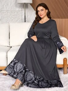 Lacomfia Women's Elegant Minimalist Round Neck Patchwork Floral Print Tie Waist Daily Home Wear Plus Size Long Sleeve Dress - Grey - View 3
