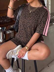 Muchica Plus Size Women Leopard Print Color Block Short Sleeve Top & Shorts 2 Pieces Set - Chocolate Brown - View 6