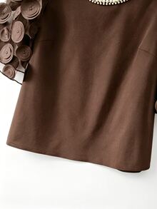 GlowEve CURVE Plus Size Vintage Fashion Faux Pearl Decor Shirt - Brown - View 5