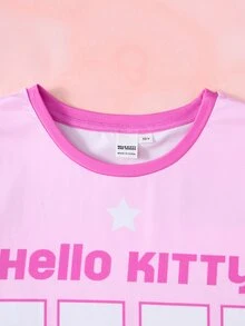 HELLO KITTY AND FRIENDS | SHEIN Kaos Lengan Pendek Kasual Harian untuk Anak Perempuan Tween dengan Cetak Kartun Huruf - Berwarna merah muda - View 4