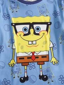SpongeBob SquarePants | SHEIN 大童男孩卡通印花短袖上衣與長褲休閒日常居家睡衣套裝 - 藍色 - 查看 5