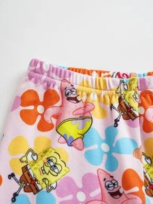 SpongeBob SquarePants | SHEIN 女童卡通印花長袖上衣與長褲休閒居家睡衣套裝 - 粉色 - 查看 6