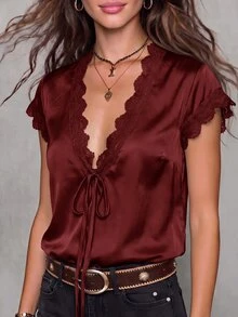 Solivie Women's Summer Elegant Satin Lace Trim Blouse - Burgundy - View 3