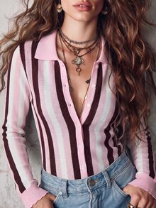 Solivie 女款秋季毛衣上衣，藍色與咖啡色條紋 Polo 領毛衣上衣，適合休閒日常穿著 - 彩色 - 查看 11