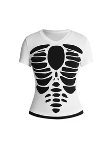 ROMWE Women's T-Shirt Short Sleeve 2 In 1 Skeleton Bone Gothic Punk Rock Street Vintage Distressed Burnout - Black and White - View 1