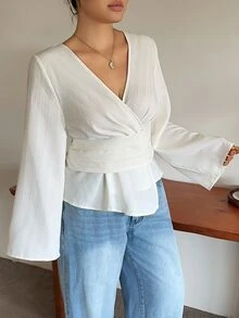Dazy Plus Fun Commute Tie Asymmetrical Hem V-Neck Spring Autumn New Long Sleeve Shirt - Apricot - View 5