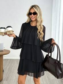 Easowa Round Neck Multi-Layer Ruffle A-Line Chiffon Sheer Flowy Long Sleeve French Elegant French Autumn/Winter Women's Short Dress Brunch Tea Party Black - Black - View 1