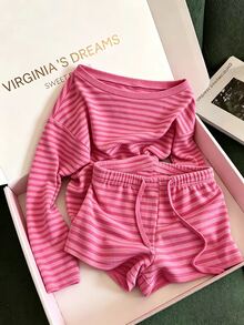 INAWLY Women's Striped Long Sleeve T-Shirt & Drawstring Waist Shorts 2pcs Set - Pink - View 3