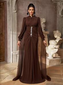 Aureia Elegant Chiffon Pleated Rhinestone Decor Cinched Waist Dress Suitable For Weddings, Parties - Khaki - View 5